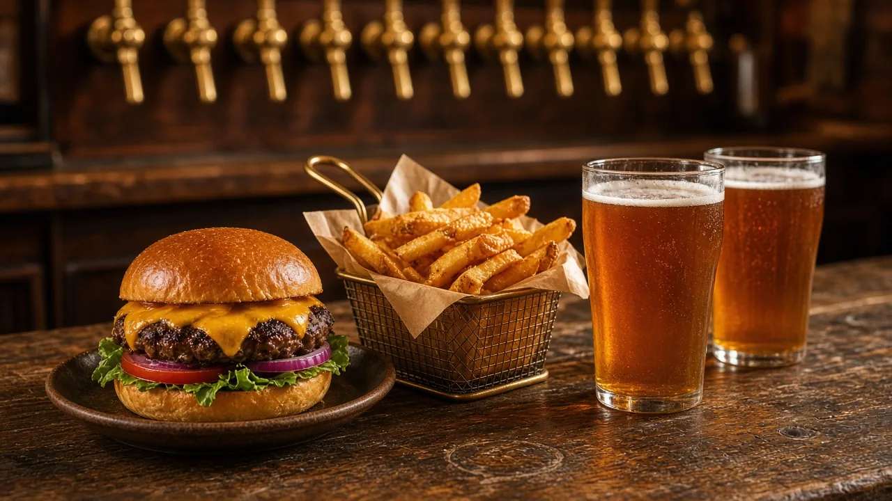 A cheeseburger, a basket of fries and two pints of amber beer on a wooden bar in front of a row of brass taps